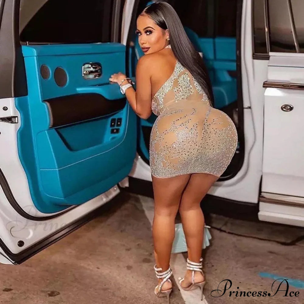 Sexy Mesh Rhinestone Short Prom Evening Mini Dress