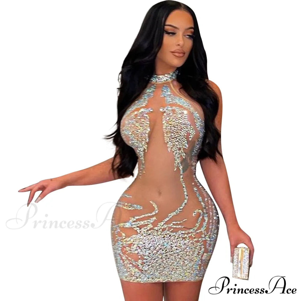 Sexy Mesh Rhinestone Short Prom Evening Mini Dress APRICOT / S