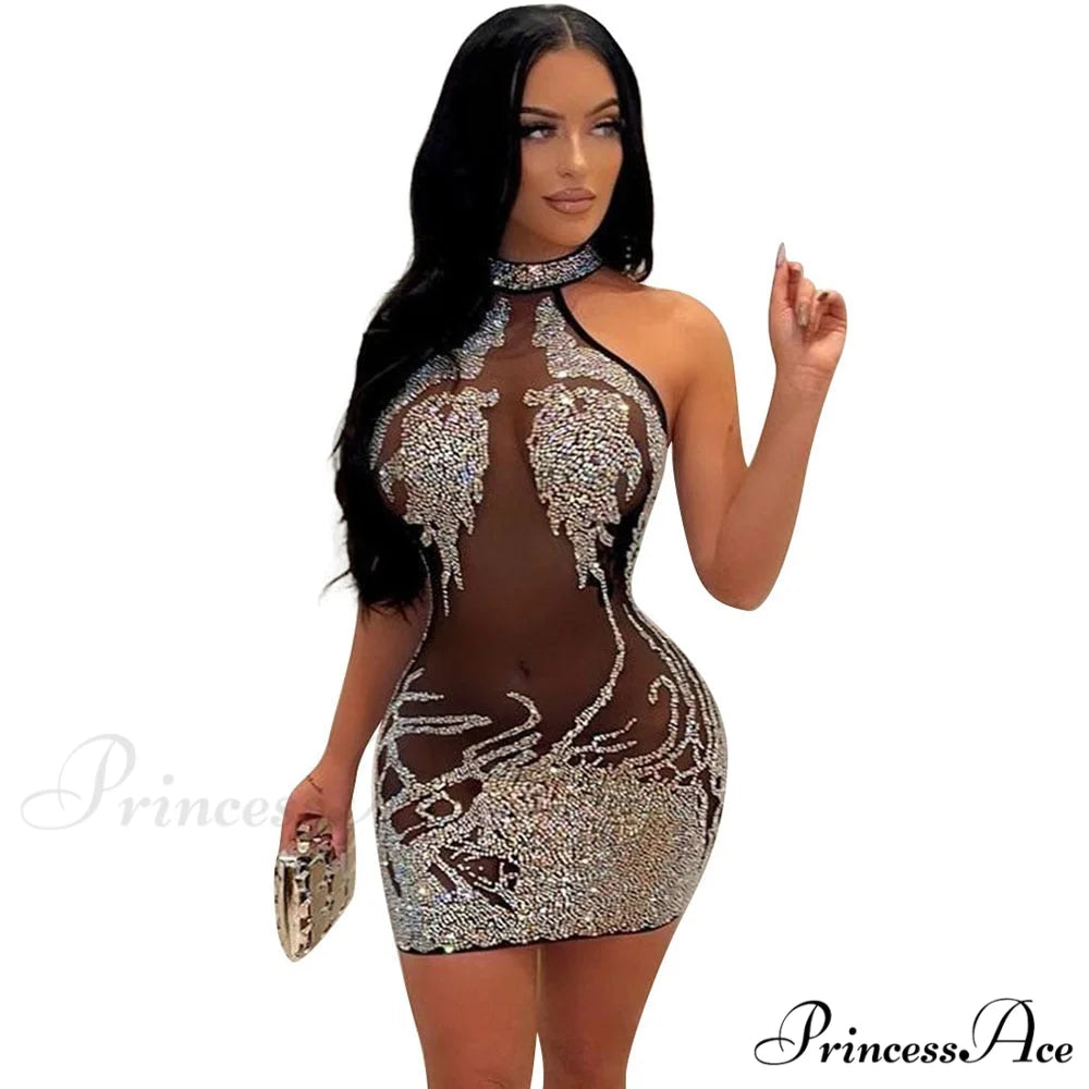 Sexy Mesh Rhinestone Short Prom Evening Mini Dress Black / S