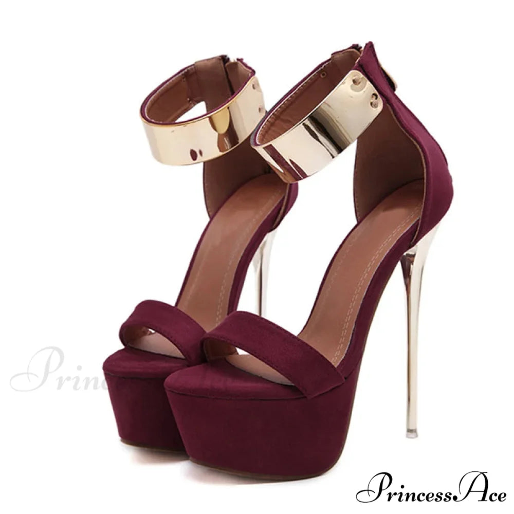 Sexy Metal Ankle-Cover Sandals High Crystal Platform Club Stripper Elegant High Heel Wine red / 34