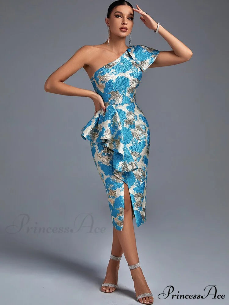 Sexy Midi One Shoulder Blue Bodycon Dress
