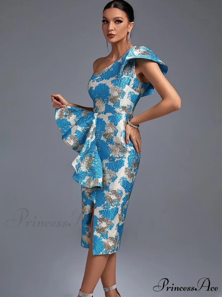 Sexy Midi One Shoulder Blue Bodycon Dress