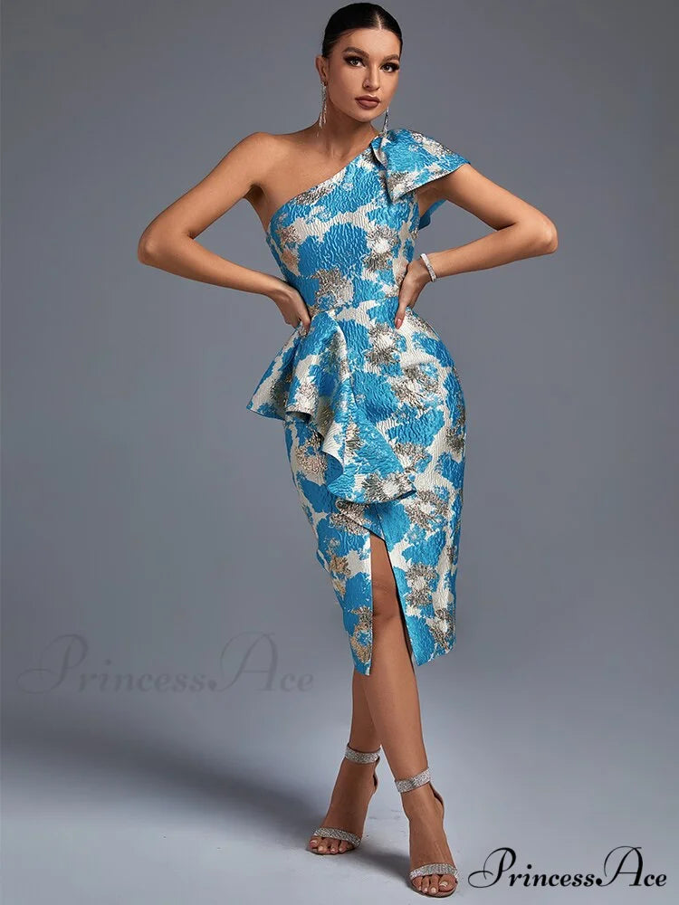 Sexy Midi One Shoulder Blue Bodycon Dress