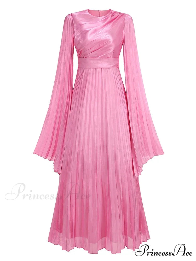 Sexy O Neck Batwing Sleeve Pleated Long Dress Women Rose Christmas Party Dress Rose Pink / XS