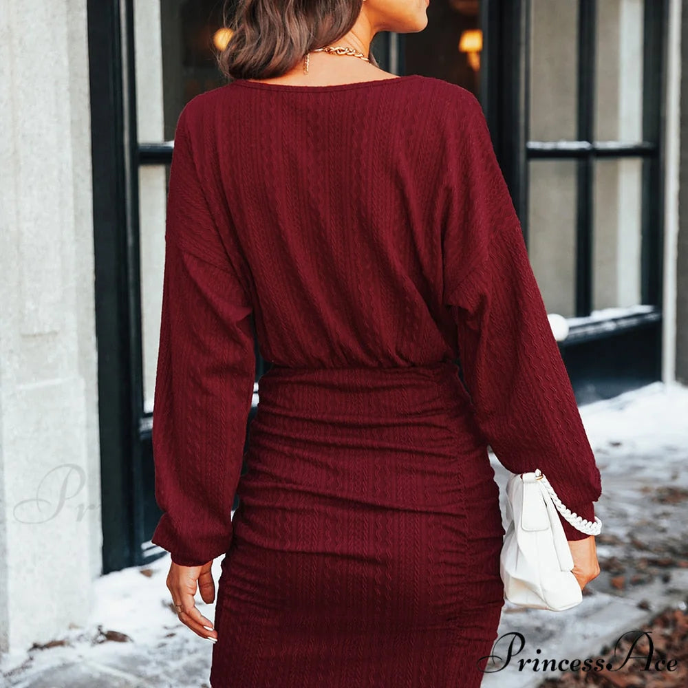 Sexy O-neck Long Sleeve Party Bodycon Dress Claret / L