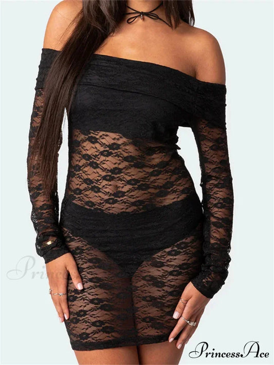 Sexy Off Shoulder Lace Fashion Long Sleeve Mini Dress BLACK / S