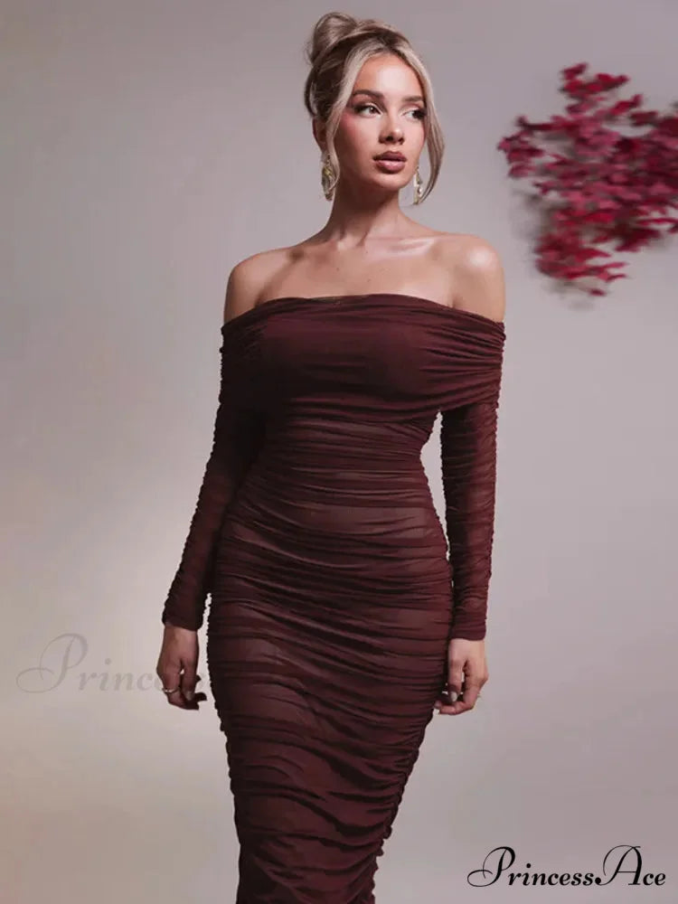 Sexy Off Shoulder Long Sleeve Backless Ruched Red Christmas Party Dress