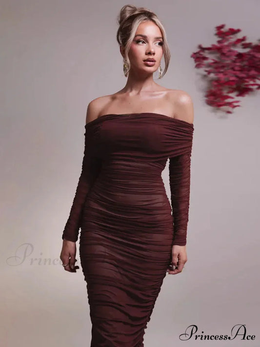 Sexy Off Shoulder Long Sleeve Backless Ruched Red Christmas Party Dress