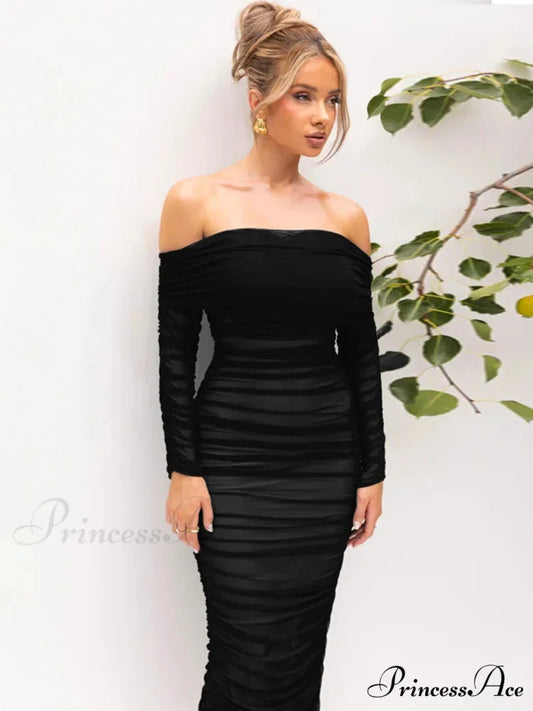 Sexy Off Shoulder Long Sleeve Backless Ruched Red Christmas Party Dress Black / S