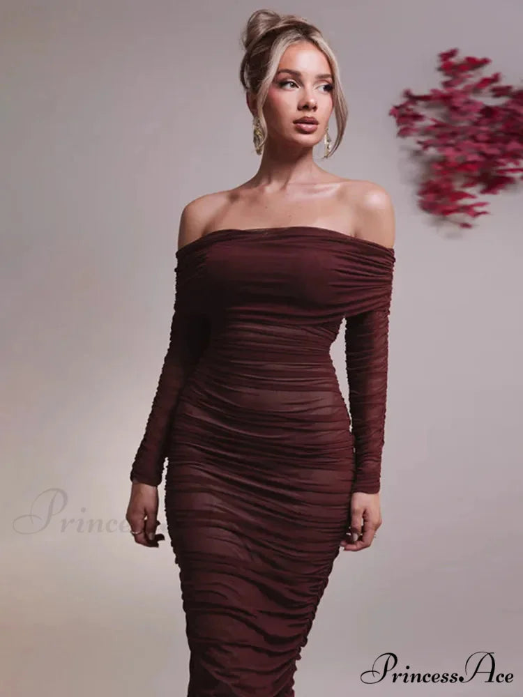 Sexy Off Shoulder Long Sleeve Backless Ruched Red Christmas Party Dress Burgundy / S