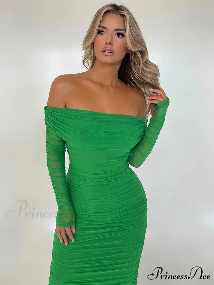 Sexy Off Shoulder Long Sleeve Backless Ruched Red Christmas Party Dress Green / S