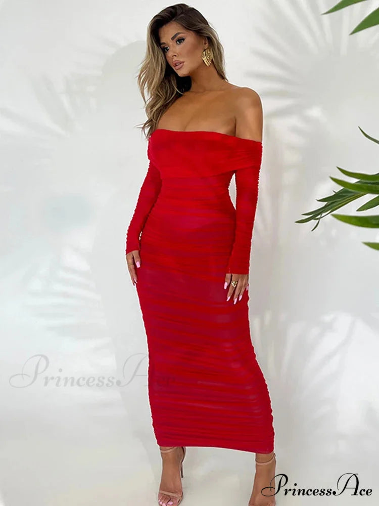 Sexy Off Shoulder Long Sleeve Backless Ruched Red Christmas Party Dress Red / S