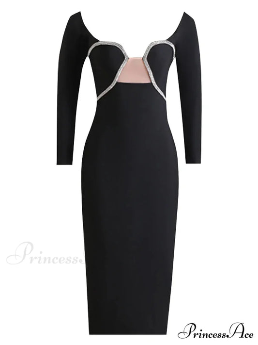 Sexy Off Shoulder Long Sleeve Diamonds Bandage Black Mesh Christmas Party Dress Black / XS