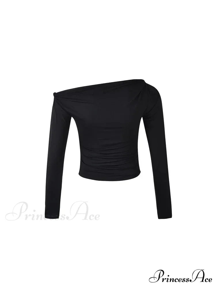 Sexy Off Shoulder Long Sleeve Neck Solid Color Slim Fit T-shirts