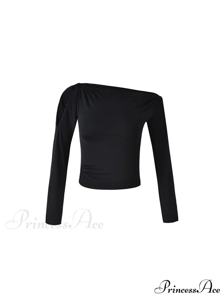 Sexy Off Shoulder Long Sleeve Neck Solid Color Slim Fit T-shirts