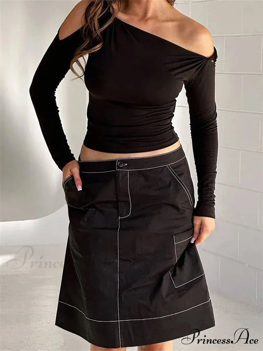 Sexy Off Shoulder Long Sleeve Neck Solid Color Slim Fit T-shirts BLACK / S