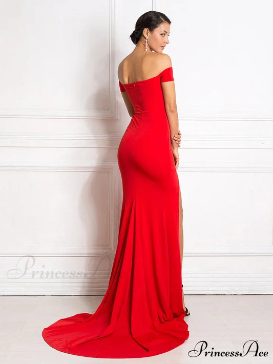 Sexy Off Shoulder Mermaid Bodycon Split Red Christmas Party Dress