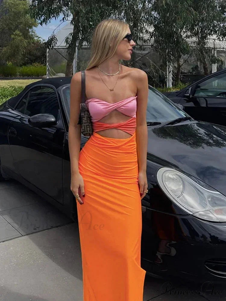 Sexy Off-shoulder Sleeveless Wrapped -ready Twist-cut Sensual Maxi Dress Orange / S