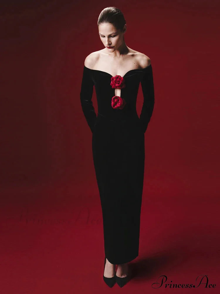 Sexy Off Shoulder V Neck Hollow Out Flower Dress Women Christmas Party Dress