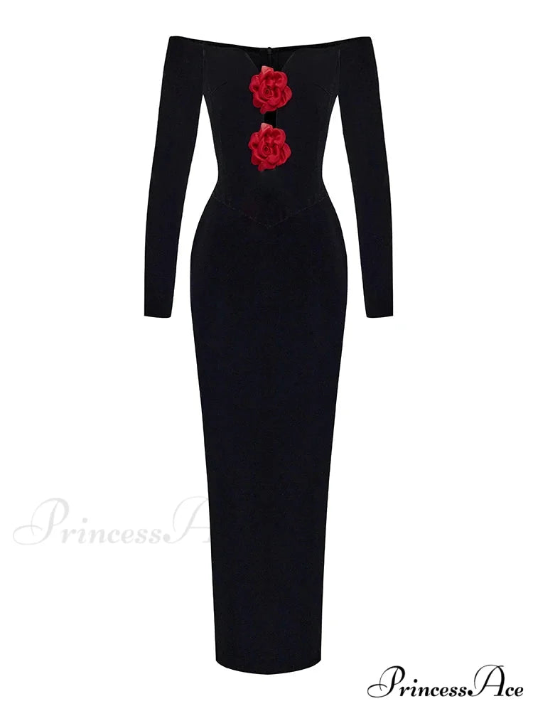 Sexy Off Shoulder V Neck Hollow Out Flower Dress Women Christmas Party Dress Black / XS