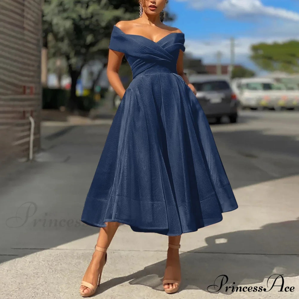 Sexy Off Shoulder Wedding Party Elegant Fashion Dress Navy Blue / S