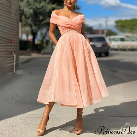 Sexy Off Shoulder Wedding Party Elegant Fashion Dress Pink / S
