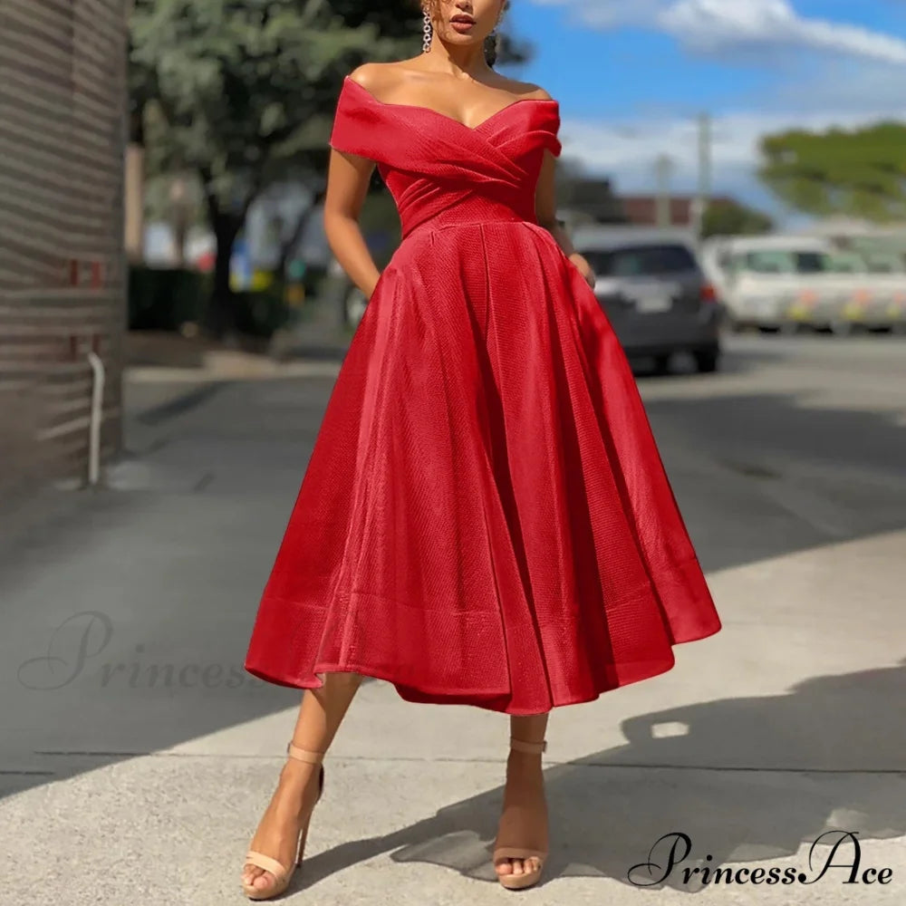 Sexy Off Shoulder Wedding Party Elegant Fashion Dress Red / S