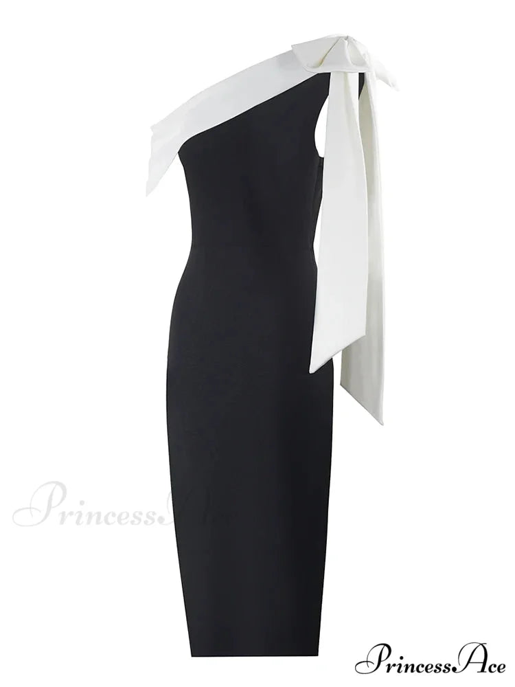 Sexy One Shoulder Bow Tie Midi Bandage Dress Black White Christmas Party Dress Black / S