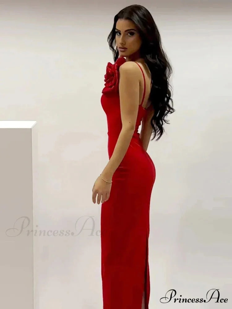 Sexy One Shoulder Diamonds Flower Patchwork Maxi Red Christmas Party Dress