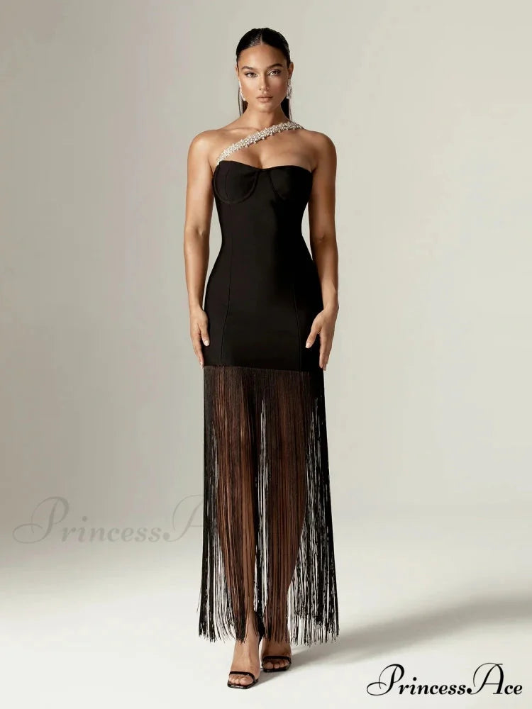 Sexy One Shoulder Diamonds Strap Tassel Bandage Dress Shiny Rhinestone Christmas Party Dress