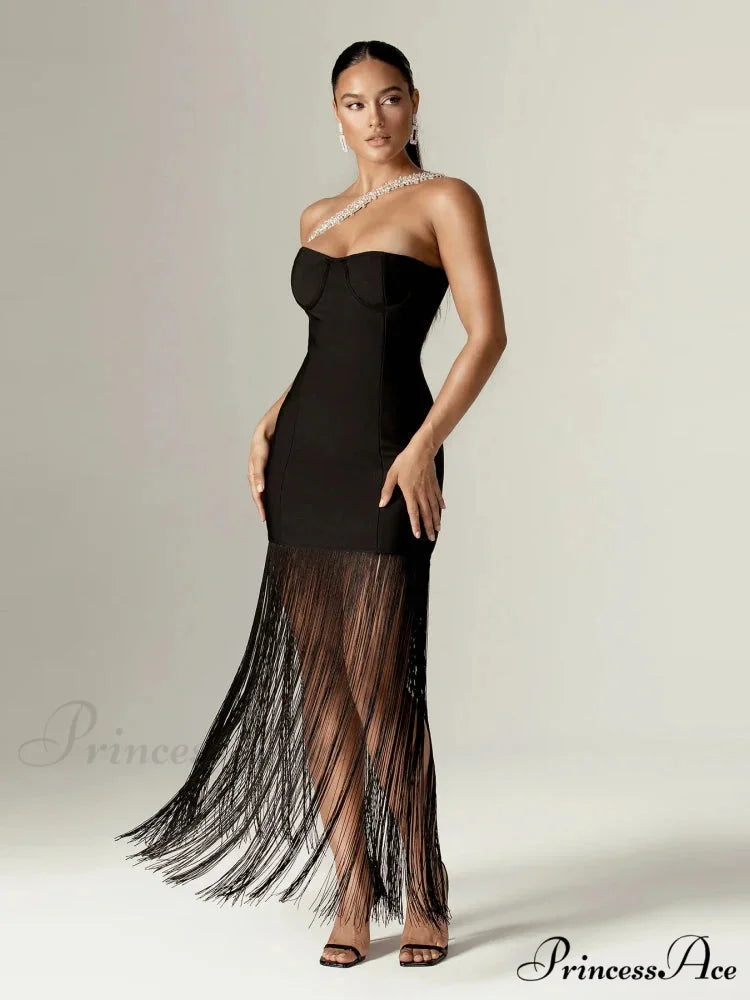 Sexy One Shoulder Diamonds Strap Tassel Bandage Dress Shiny Rhinestone Christmas Party Dress Black / XS