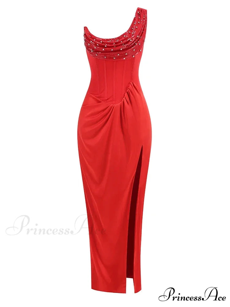 Sexy One Shoulder Embroidered Flares Slim Red Mesh Beaded Christmas Party Dress Red / XS