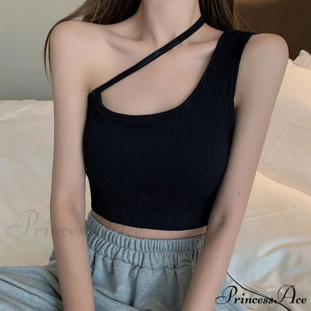 Sexy One Shoulder Sleeveless Crop Tops Black / Freesize