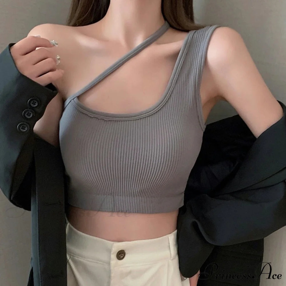 Sexy One Shoulder Sleeveless Crop Tops Grey / Freesize