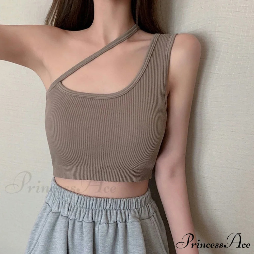 Sexy One Shoulder Sleeveless Crop Tops Khaki / Freesize