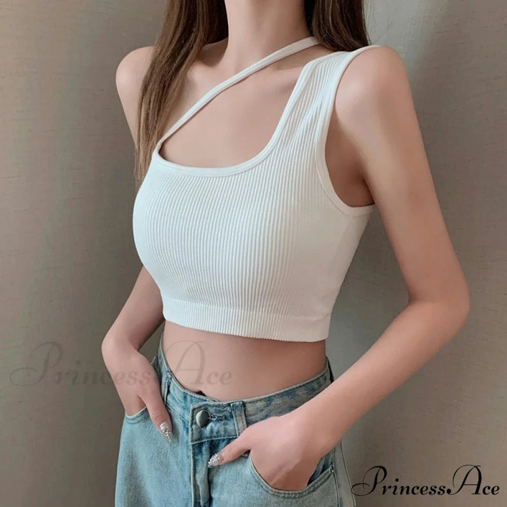 Sexy One Shoulder Sleeveless Crop Tops White / Freesize