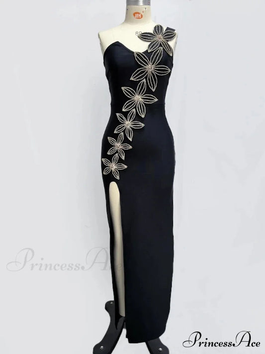 Sexy One Shoulder Sleeveless Diamonds Flower Bandage Black High Slit Christmas Party Dress Black / S
