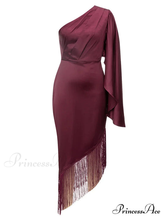 Sexy One Shoulder Tassel Design Diagonal Collar Asymmetric Fringe Christmas Party Dress Burgundy / XS