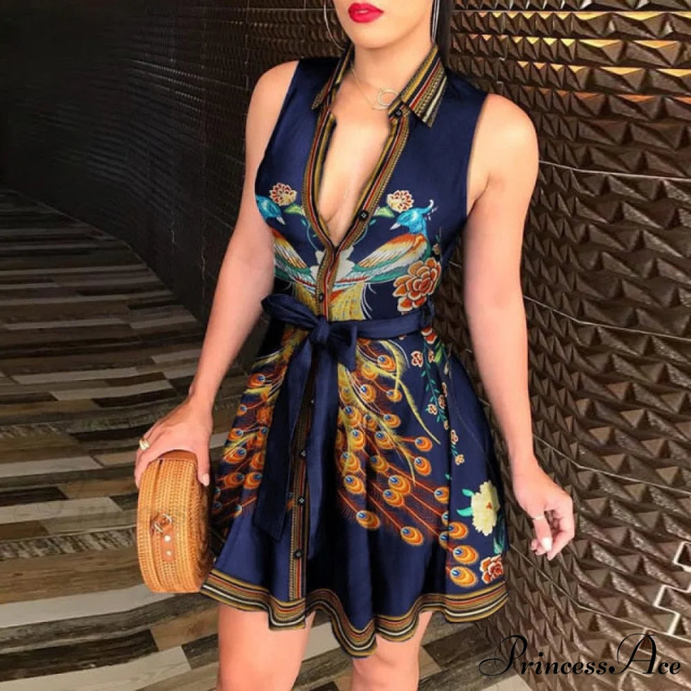 Sexy Party Colorful Print Dress Dark Blue / S
