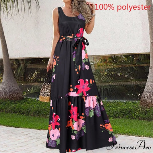 Sexy Party Maxi Sleeveless Floral Print Dress Black 3 / M