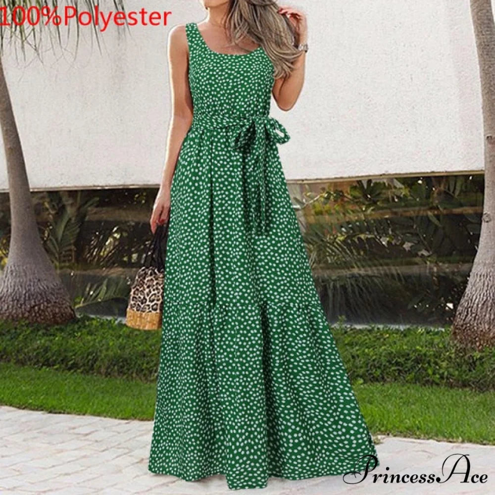 Sexy Party Maxi Sleeveless Floral Print Dress Green / M