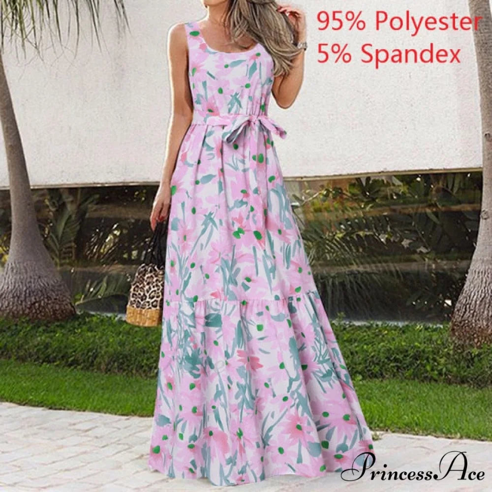 Sexy Party Maxi Sleeveless Floral Print Dress Light Pink / M
