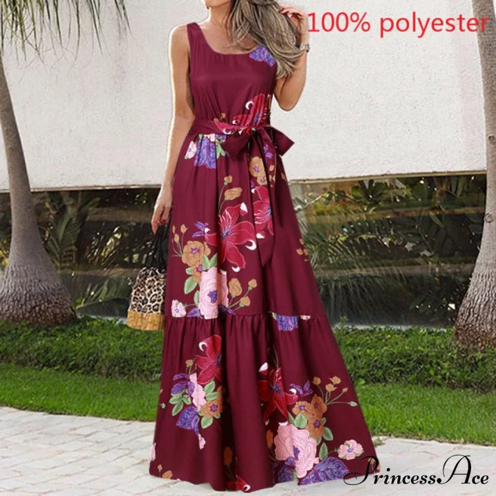 Sexy Party Maxi Sleeveless Floral Print Dress Wine Red / M