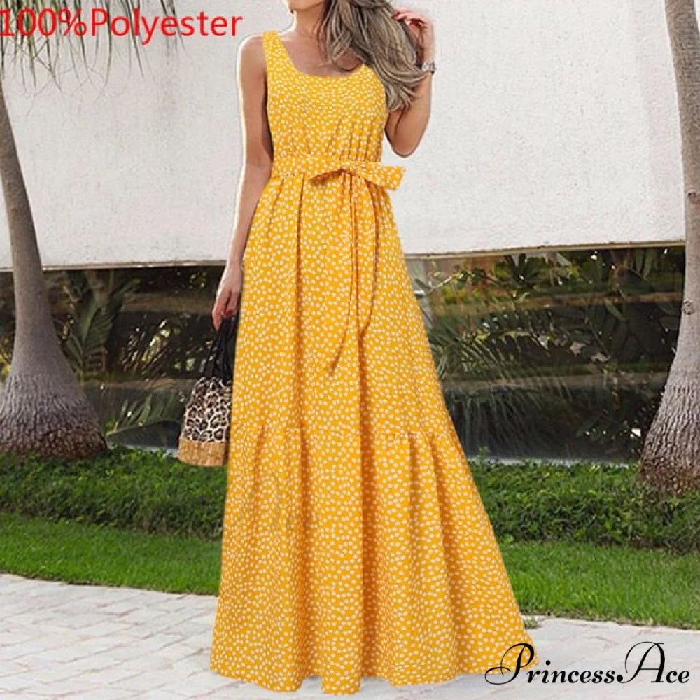 Sexy Party Maxi Sleeveless Floral Print Dress Yellow / M