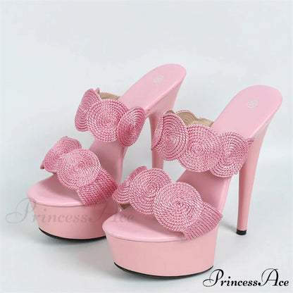 Sexy Peep-Toe Pole-Dance Extreme Platform Handwoven Hemp Summer Narrow-Band High Heel 13CM Pink / 34