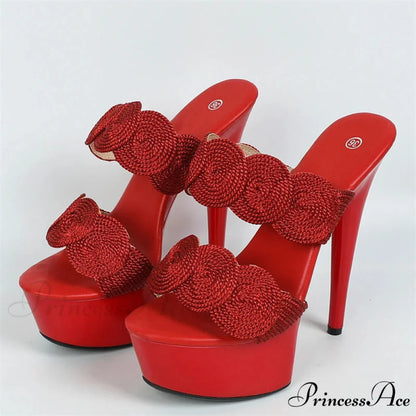 Sexy Peep-Toe Pole-Dance Extreme Platform Handwoven Hemp Summer Narrow-Band High Heel 13CM Red / 34