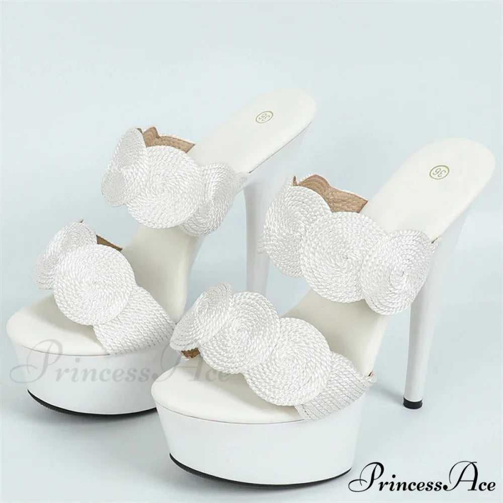 Sexy Peep-Toe Pole-Dance Extreme Platform Handwoven Hemp Summer Narrow-Band High Heel 13CM White / 34