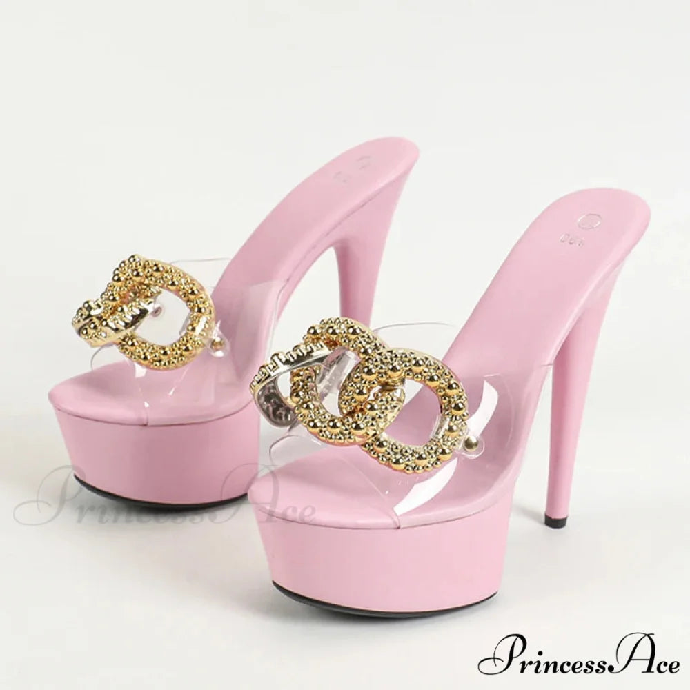 Sexy Pink High Platform Slippers Metal Chain Transparent Party Stripper Chic High Heel Pink / 34