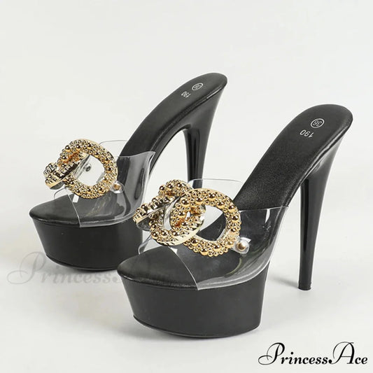 Sexy Pink High Platform Slippers Metal Chain Transparent Party Stripper Chic High Heel Black / 34