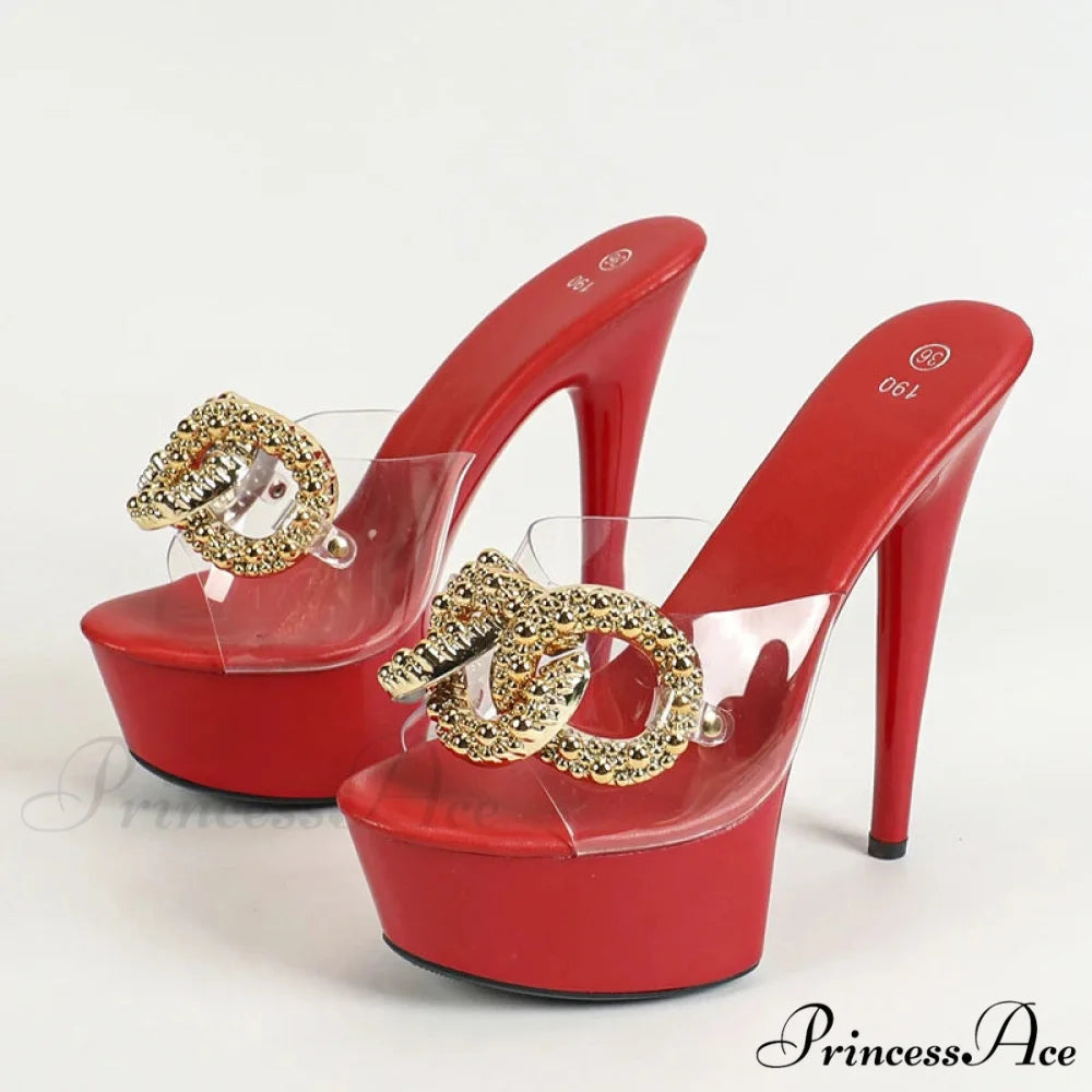 Sexy Pink High Platform Slippers Metal Chain Transparent Party Stripper Chic High Heel Red / 34
